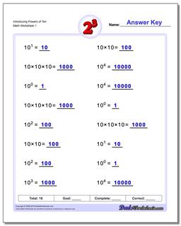 Powers of Ten and Scientific Notation Exponents Worksheet