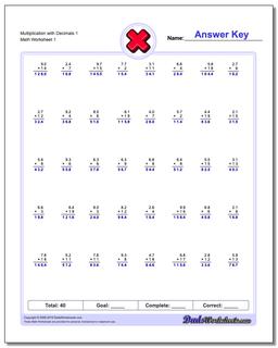 Multiplication Worksheet with Decimals