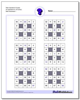All Operations logic puzzles with Missing Values to 100 Number Grid Puzzle