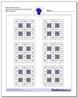 Addition and Subtraction with Missing Operations (Medium) Number Grid Puzzle
