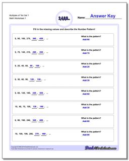 Number Patterns with Multiples of Ten Worksheet