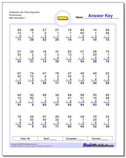 Subtraction Worksheet Three Argument